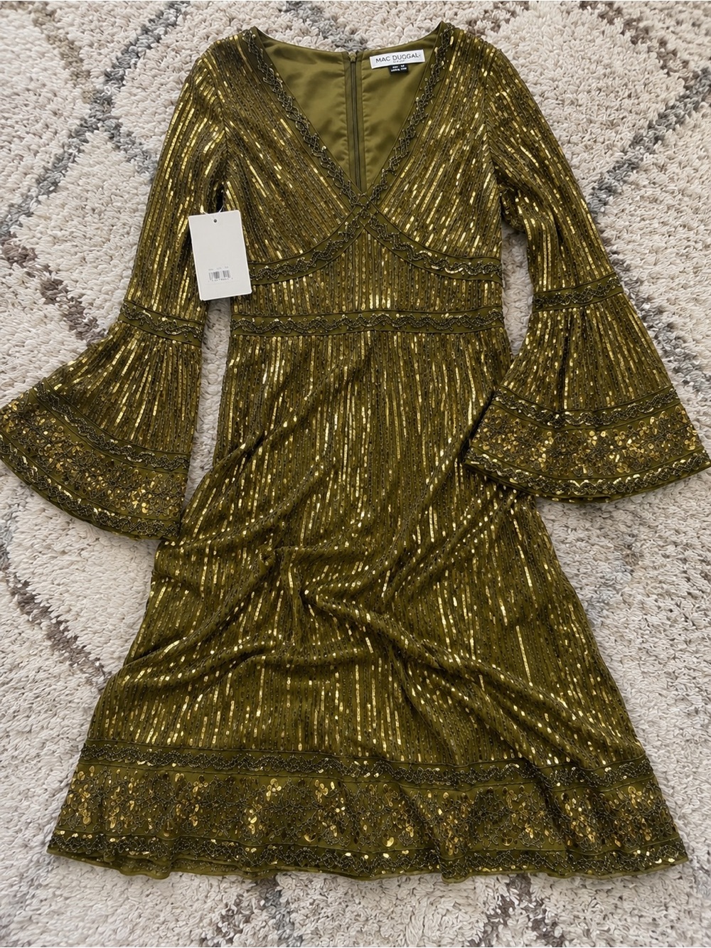Mac Duggal Light Olive Sequin Beaded Bell Sleeve Midi Dress Size 14 NWT - Picture 4 of 10